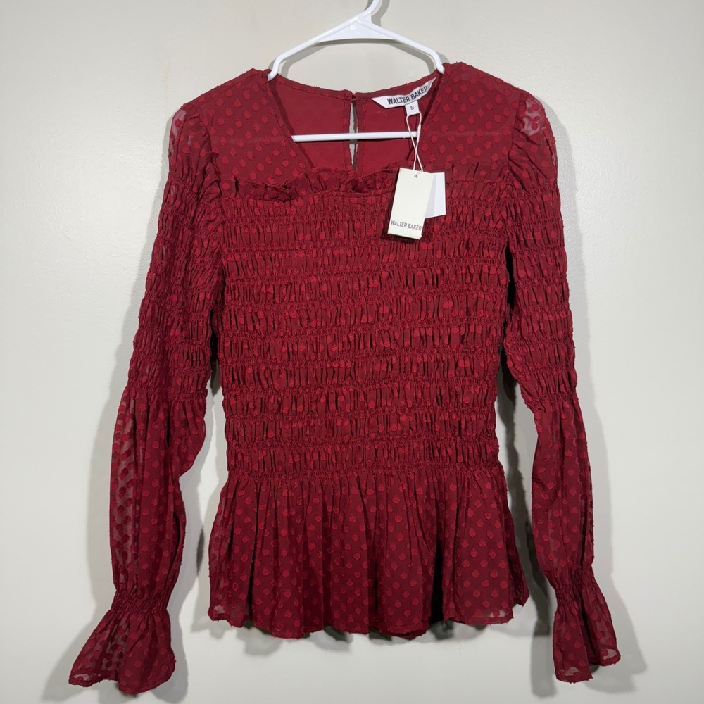 New! Walter Baker Burgundy‎ Dot Long Sleeve Smocked Peplum Top Size S - Picture 2 of 5